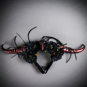 Gothic Demon Long Horn with Flower Head Piece - Black Red